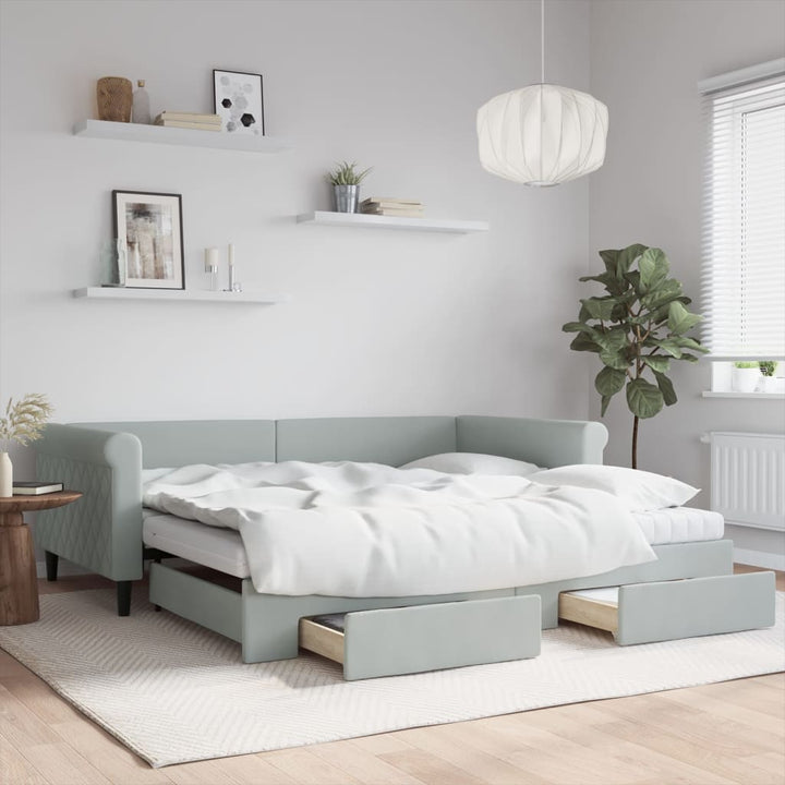 daybed med udtræk og skuffer 100x200 cm velour lysegrå