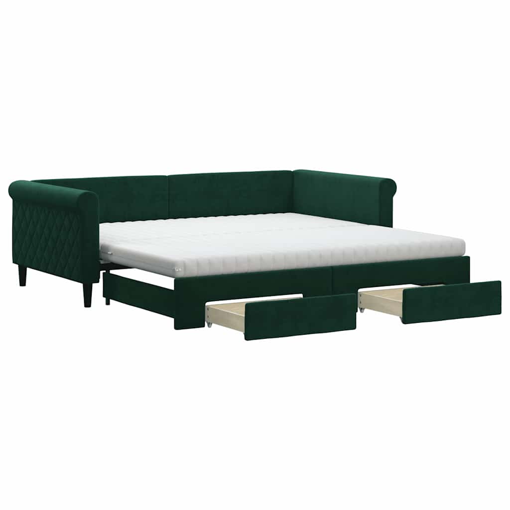 daybed med udtræk og skuffer 100x200 cm velour mørkegrøn