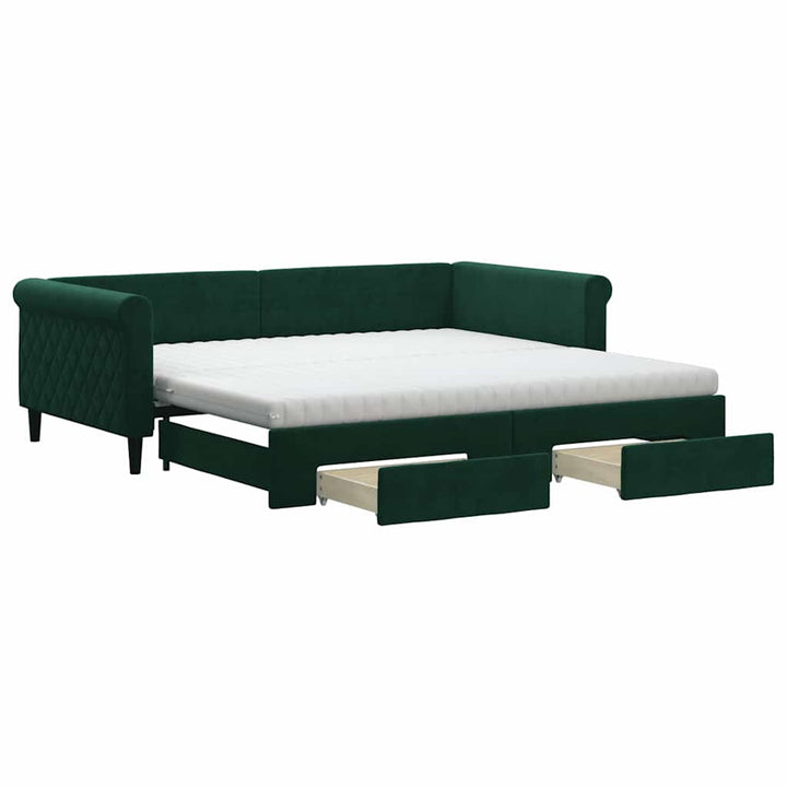 daybed med udtræk og skuffer 100x200 cm velour mørkegrøn