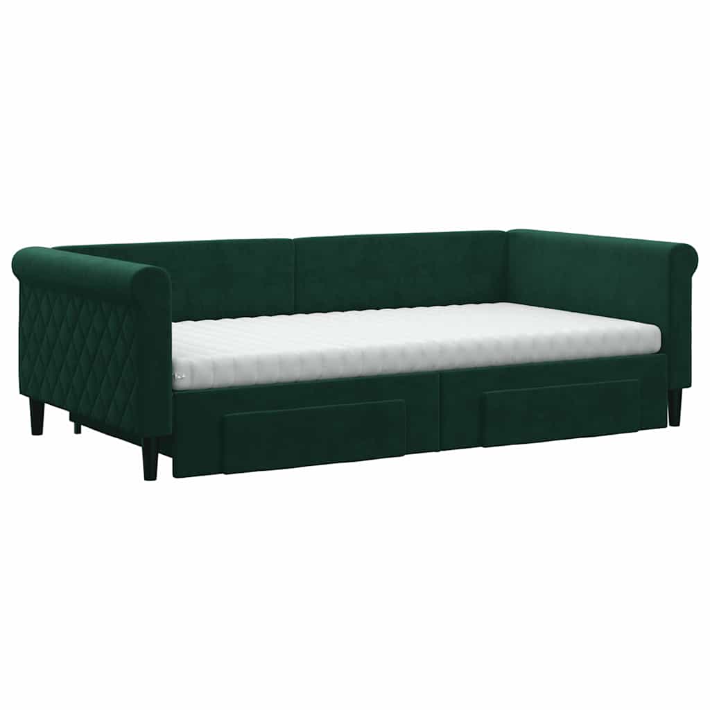 daybed med udtræk og skuffer 100x200 cm velour mørkegrøn