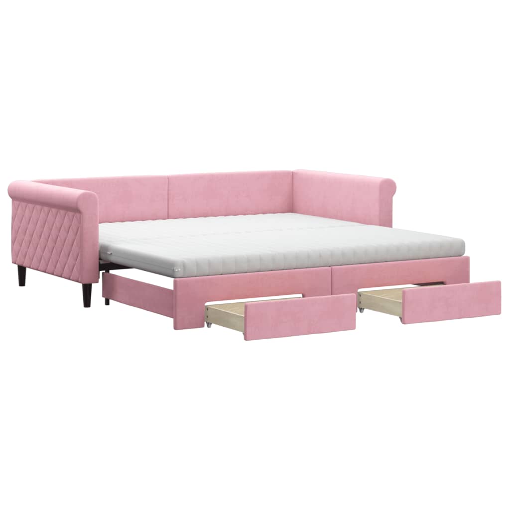 daybed med udtræk og skuffer 100x200 cm velour lyserød
