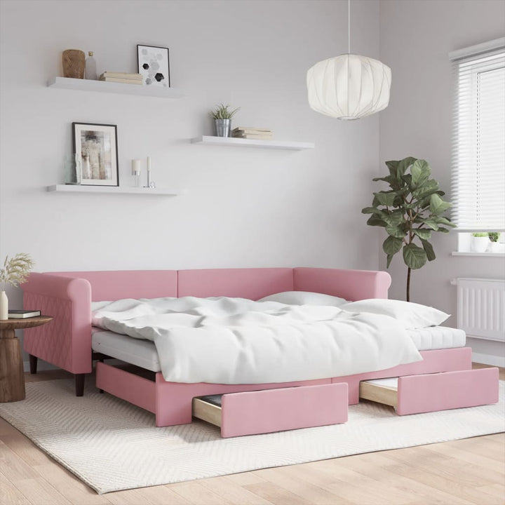 daybed med udtræk og skuffer 100x200 cm velour lyserød
