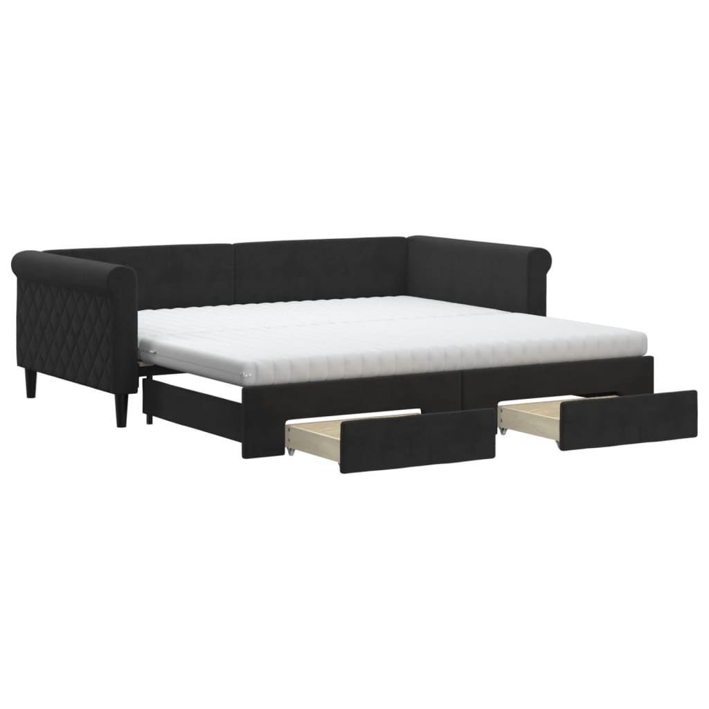 daybed med udtræk og skuffer 100x200 cm velour sort