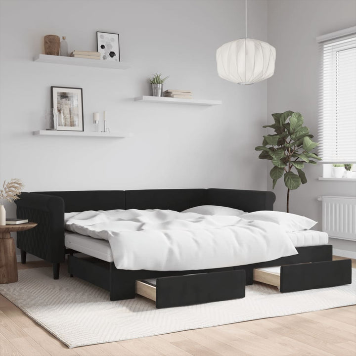 daybed med udtræk og skuffer 100x200 cm velour sort