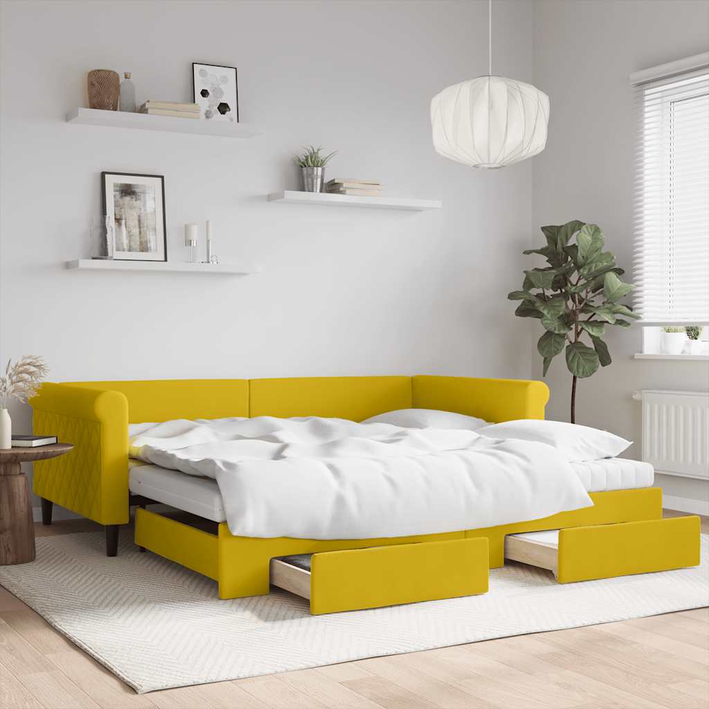 daybed med udtræk og skuffer 100x200 cm velour gul