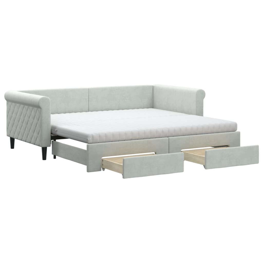 daybed med udtræk og skuffer 90x190 cm velour lysegrå