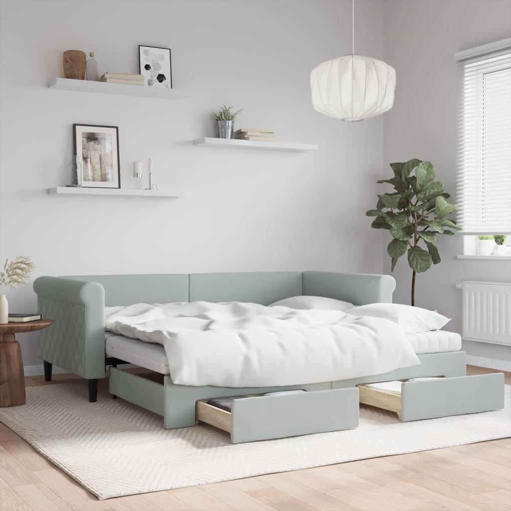 daybed med udtræk og skuffer 90x190 cm velour lysegrå