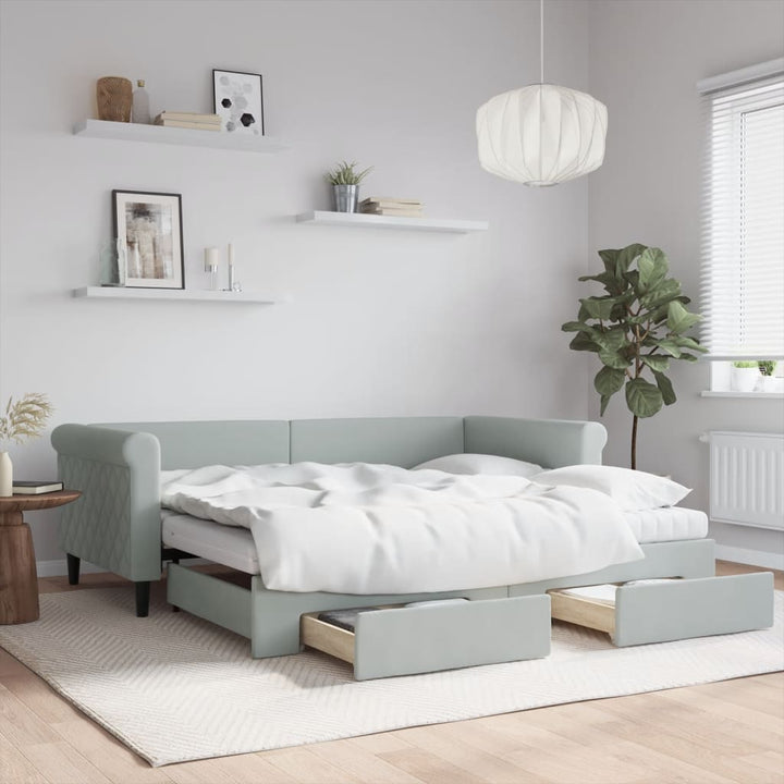 daybed med udtræk og skuffer 90x190 cm velour lysegrå