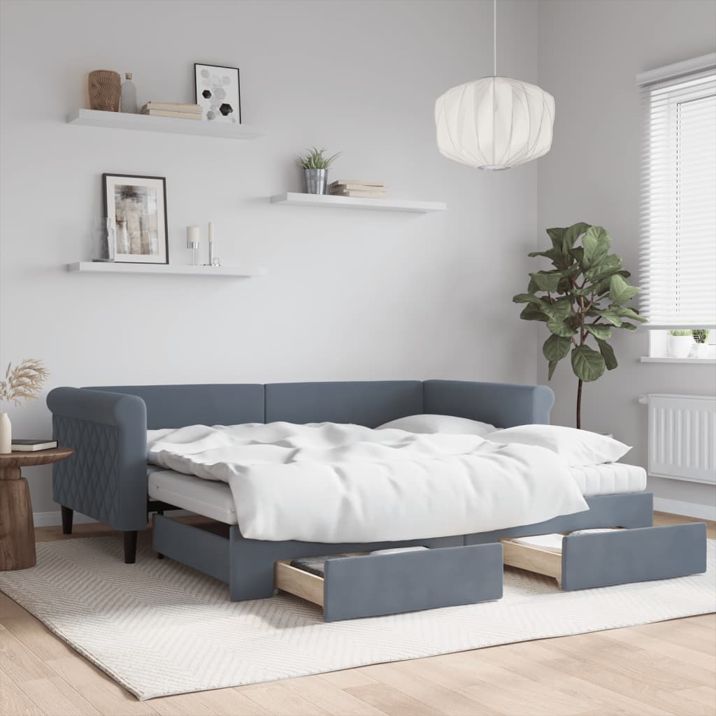 daybed med udtræk og skuffer 90x190 cm velour mørkegrå