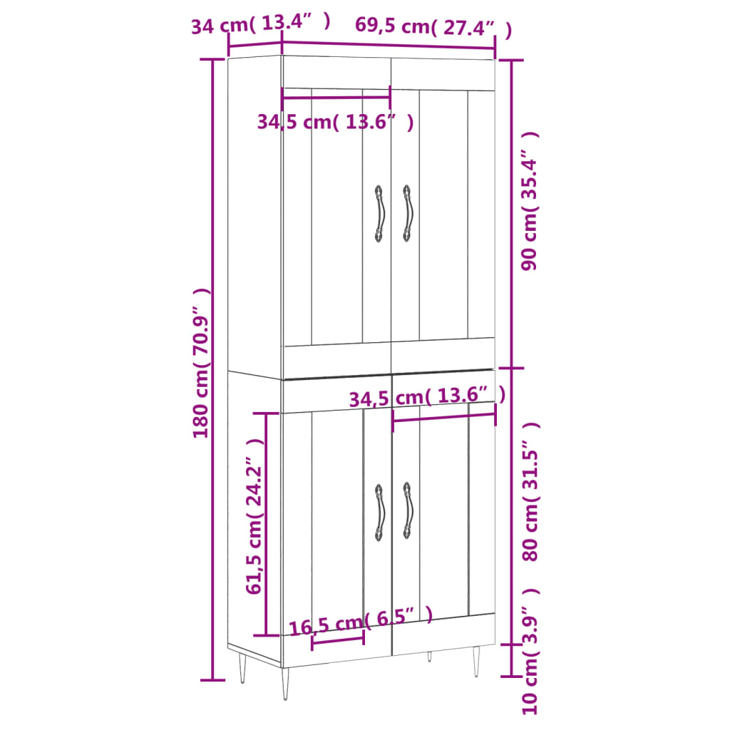 højskab 69,5x34x180 cm konstrueret træ røget egetræsfarve