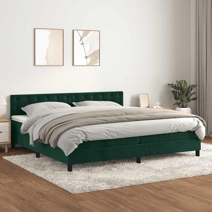 kontinentalseng med madras 200x200 cm fløjl mørkegrøn