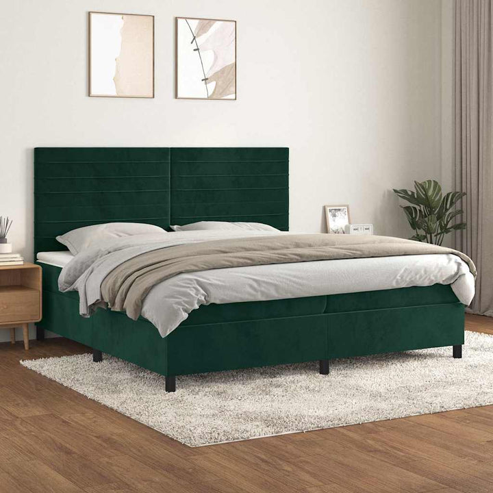 kontinentalseng med madras 200x200 cm fløjl mørkegrøn