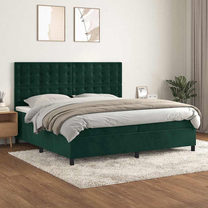 kontinentalseng med madras 200x200 cm fløjl mørkegrøn