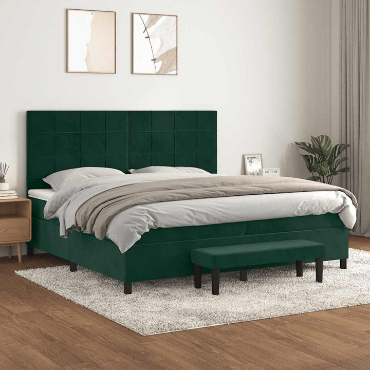kontinentalseng med madras 200x200 cm fløjl mørkegrøn