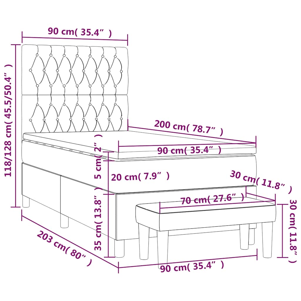 kontinentalseng med madras 90x200 cm fløjl mørkeblå