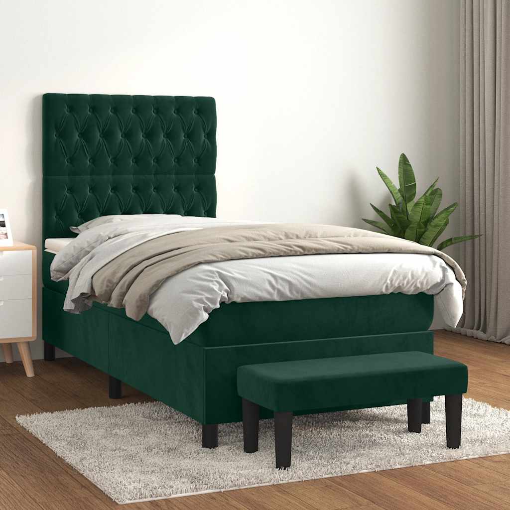 kontinentalseng med madras 100x200 cm fløjl mørkegrøn