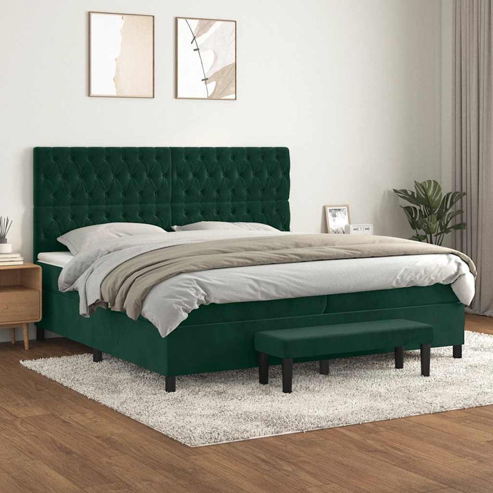 kontinentalseng med madras 200x200 cm fløjl mørkegrøn