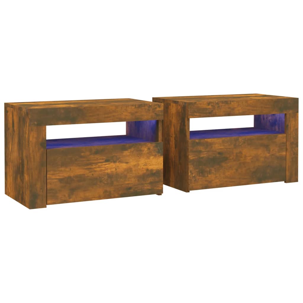 sengeborde med LED-lys 2 stk. 60x35x40 cm røget eg