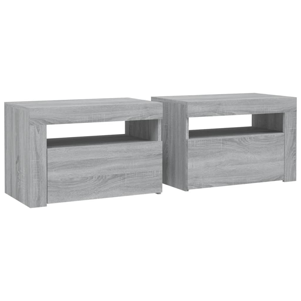 sengeborde med LED-lys 2 stk. 60x35x40 cm grå sonoma-eg