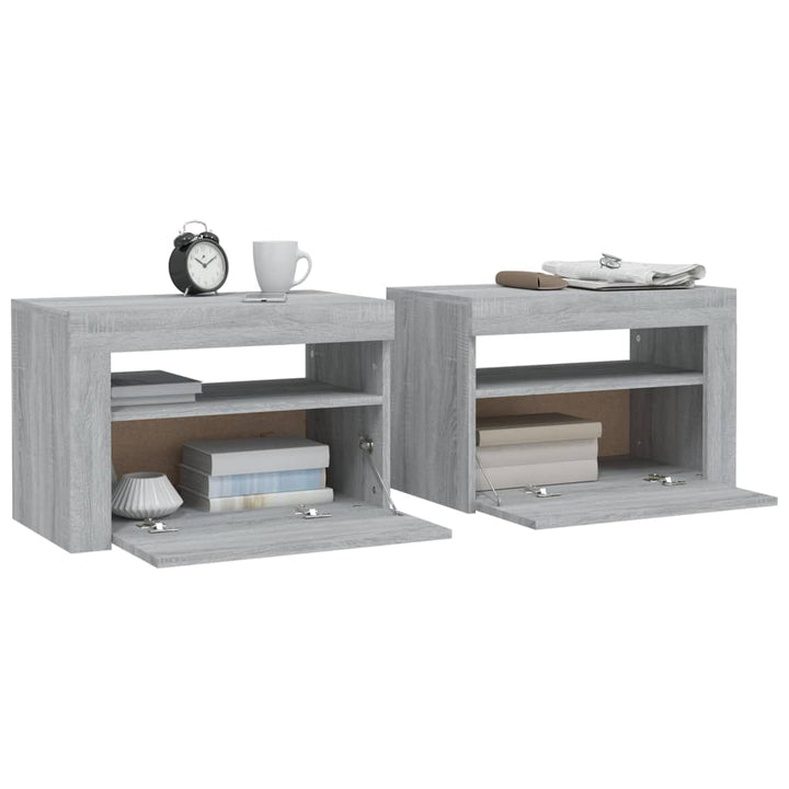 sengeborde med LED-lys 2 stk. 60x35x40 cm grå sonoma-eg
