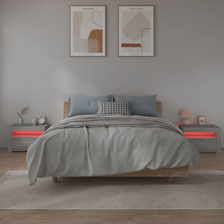 sengeborde med LED-lys 2 stk. 60x35x40 cm grå sonoma-eg