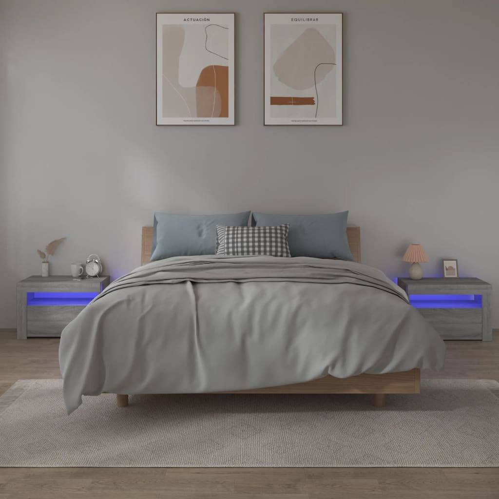 sengeborde med LED-lys 2 stk. 60x35x40 cm grå sonoma-eg