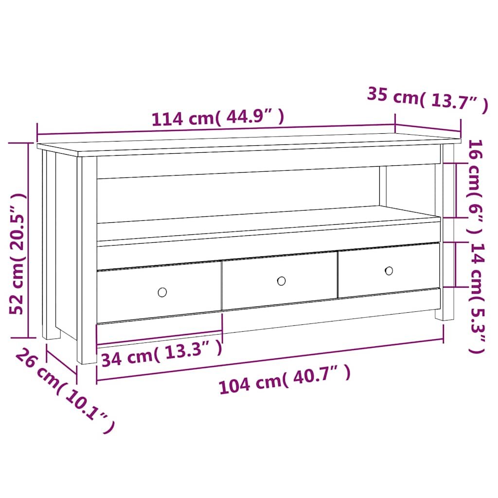 tv-bord 114x35x52 cm massivt fyrretræ hvid