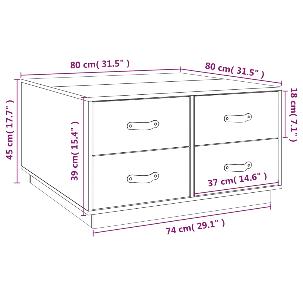 sofabord 80x80x45 cm massivt fyrretræ hvid