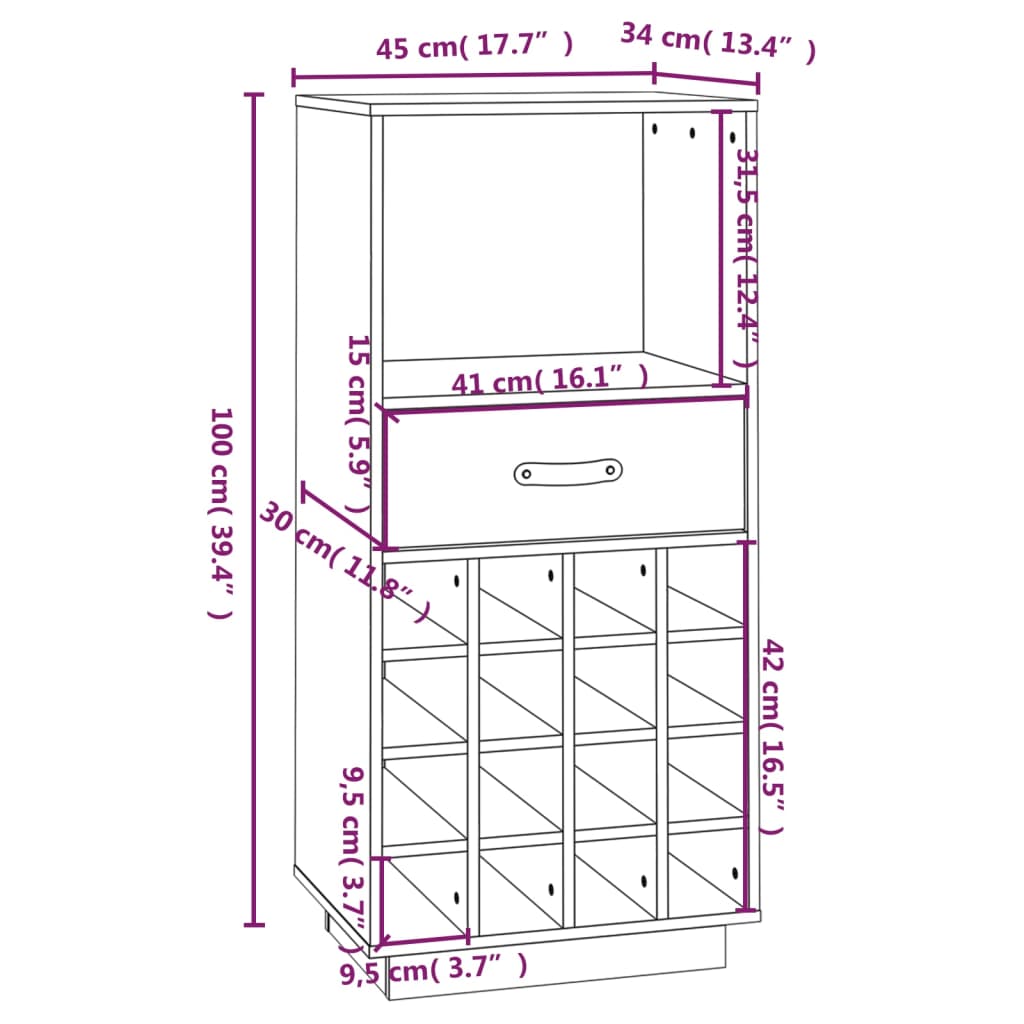vinreol 45x34x100 cm massivt fyrretræ