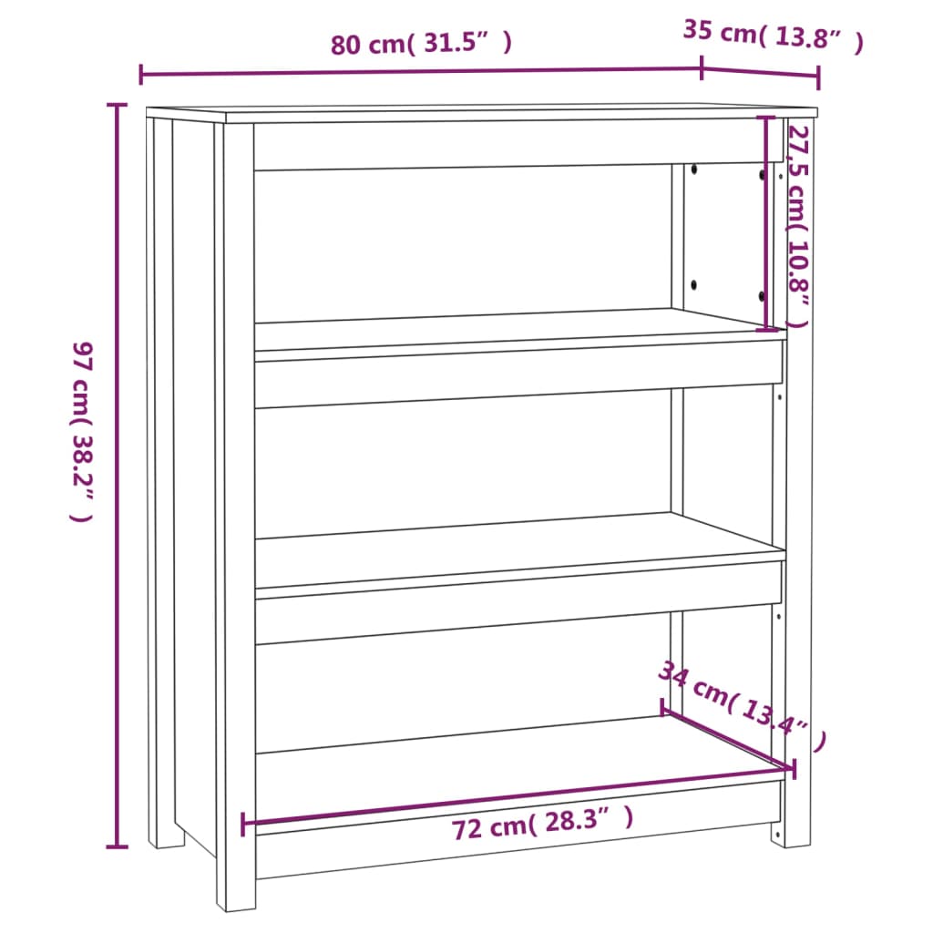 bogreol 80x35x97 cm massivt fyrretræ hvid
