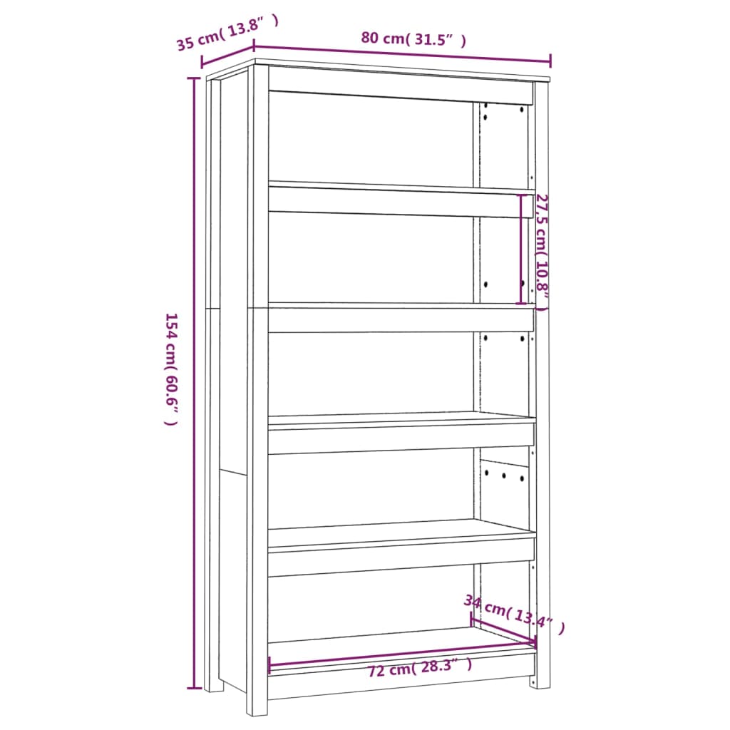 bogreol 80x35x154 cm massivt fyrretræ sort