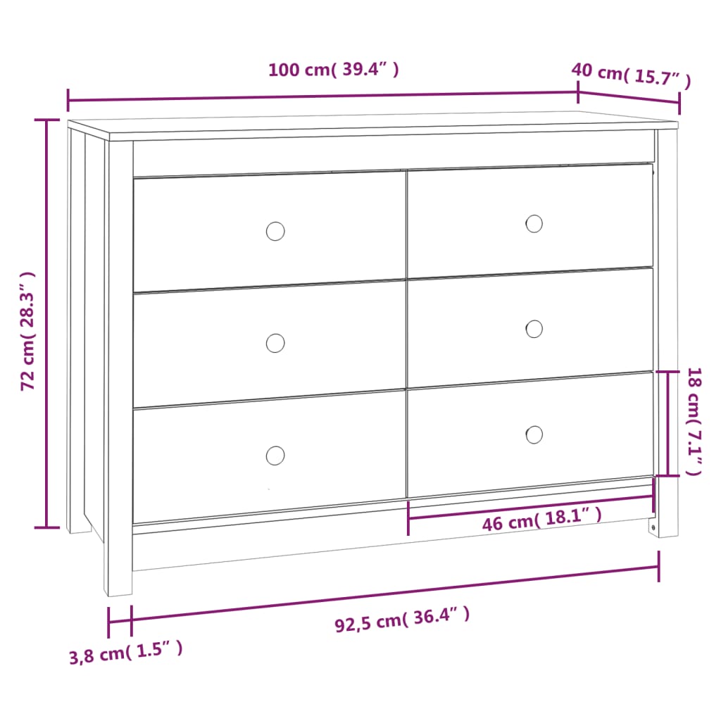 kommode 100x40x72 cm massivt fyrretræ sort