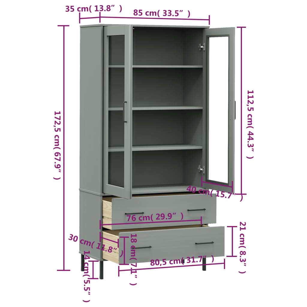 bogskab med metalben OSLO 85x35x172,5 cm massivt træ grå