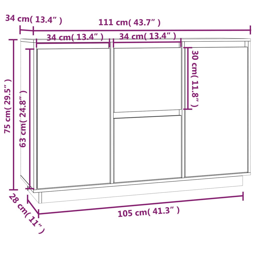 skænk 111x34x75 cm massivt fyrretræ grå