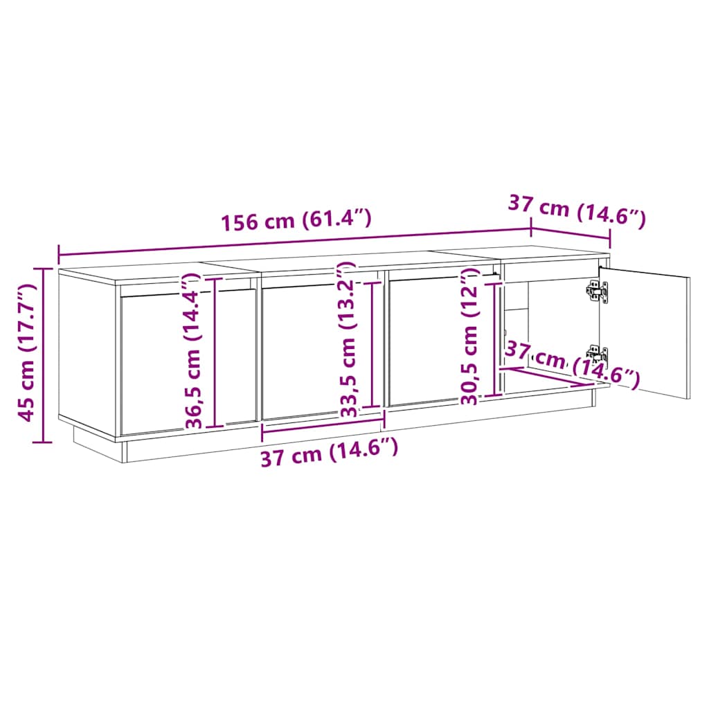 tv-bord 156x37x45 cm massivt fyrretræ hvid
