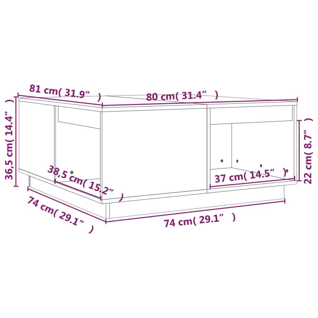 sofabord 80x81x36,5 cm massivt fyrretræ sort