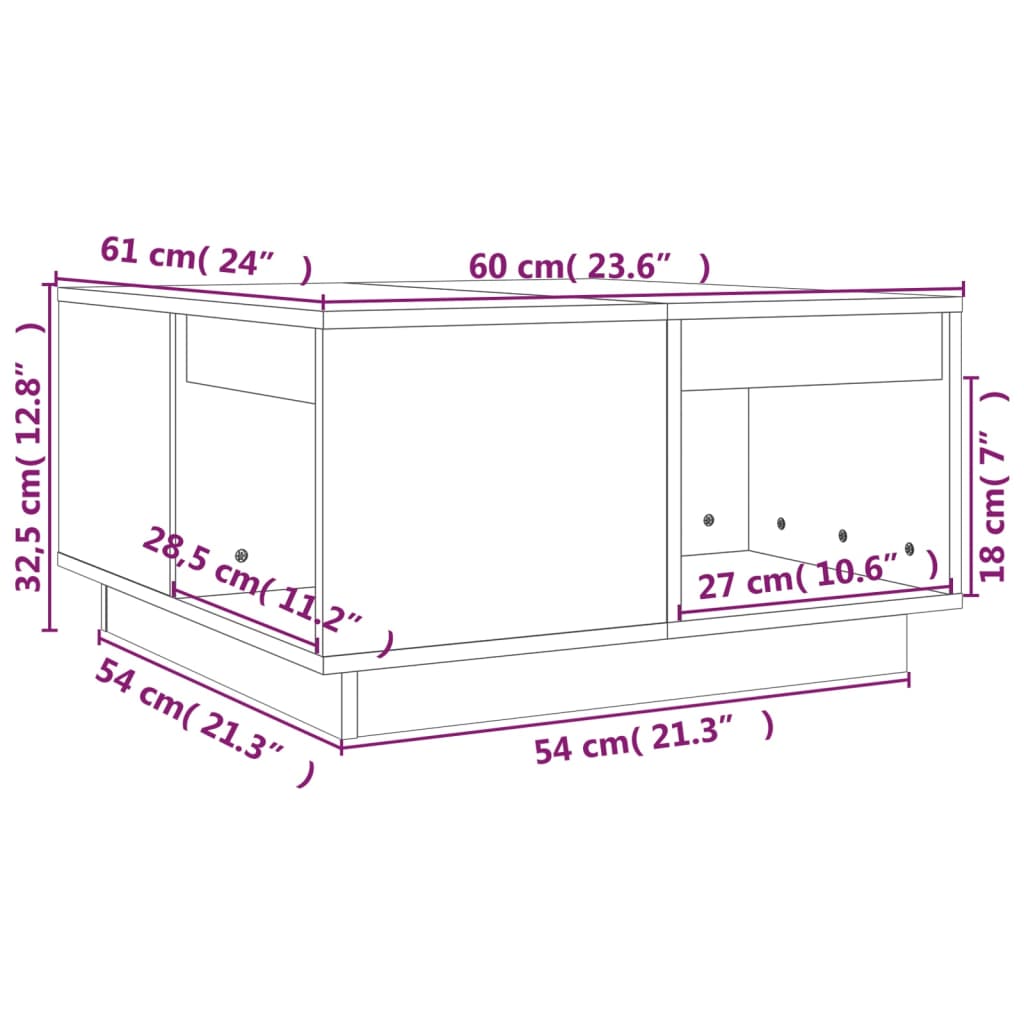 sofabord 60x61x32,5 cm massivt fyrretræ hvid