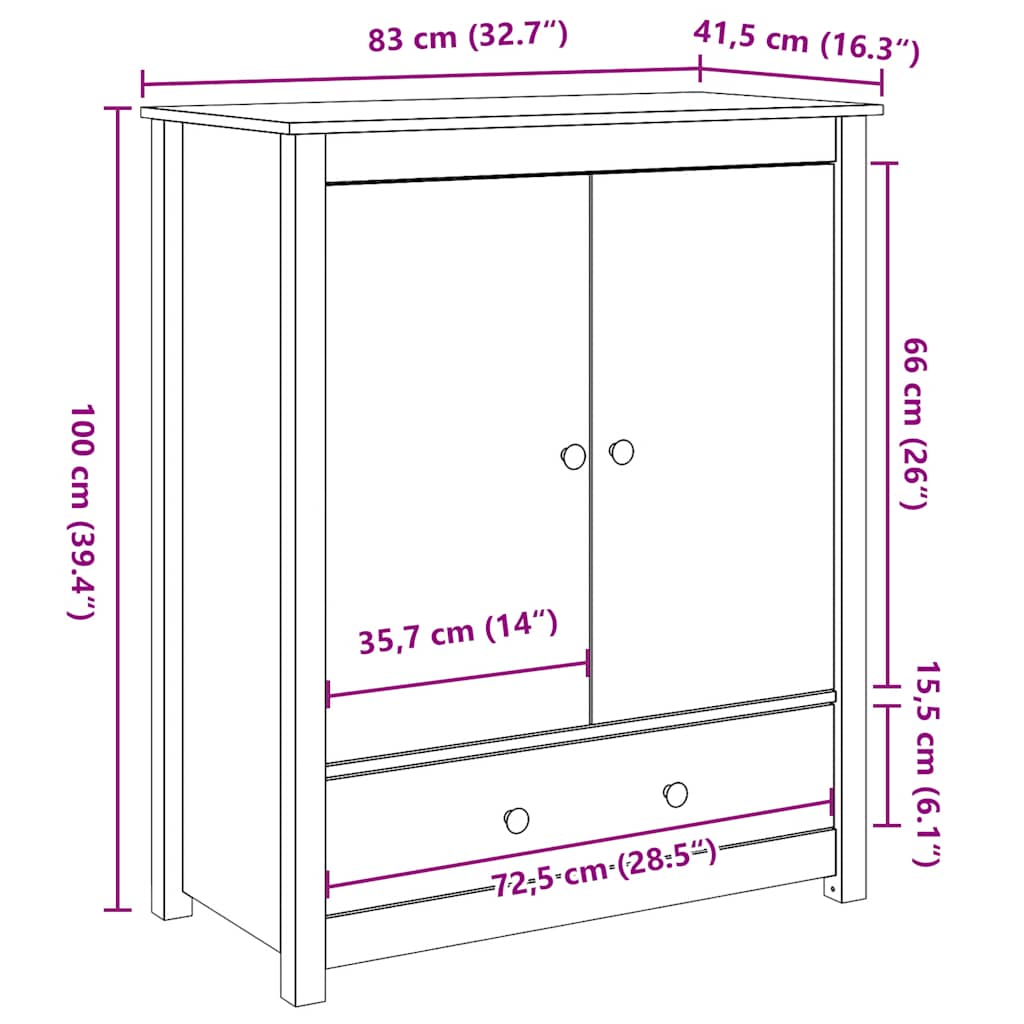 højskab 83x41,5x100 cm massivt fyrretræ gyldenbrun
