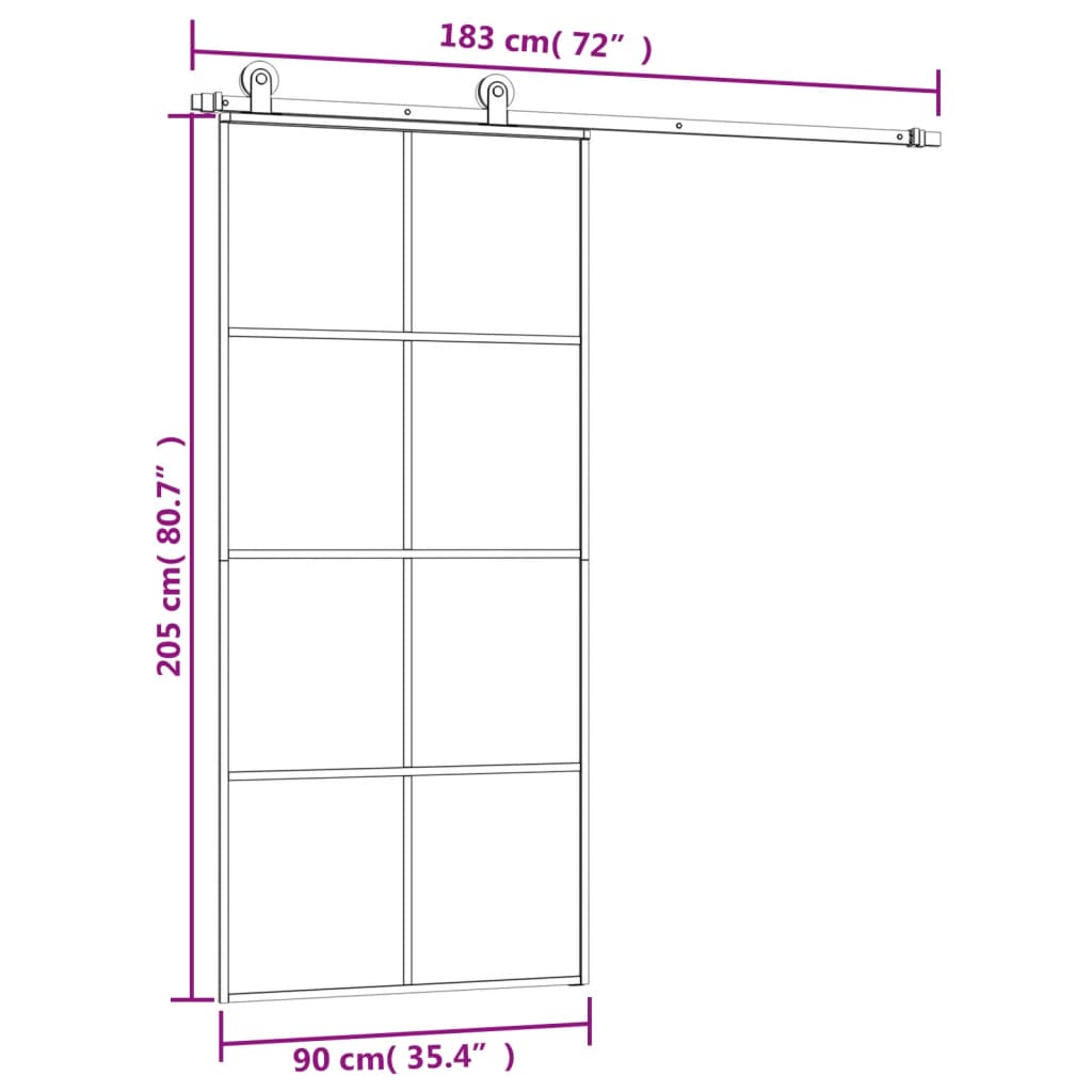 skydedør med hardwaresæt 90x205 cm sikkerhedsglas aluminium