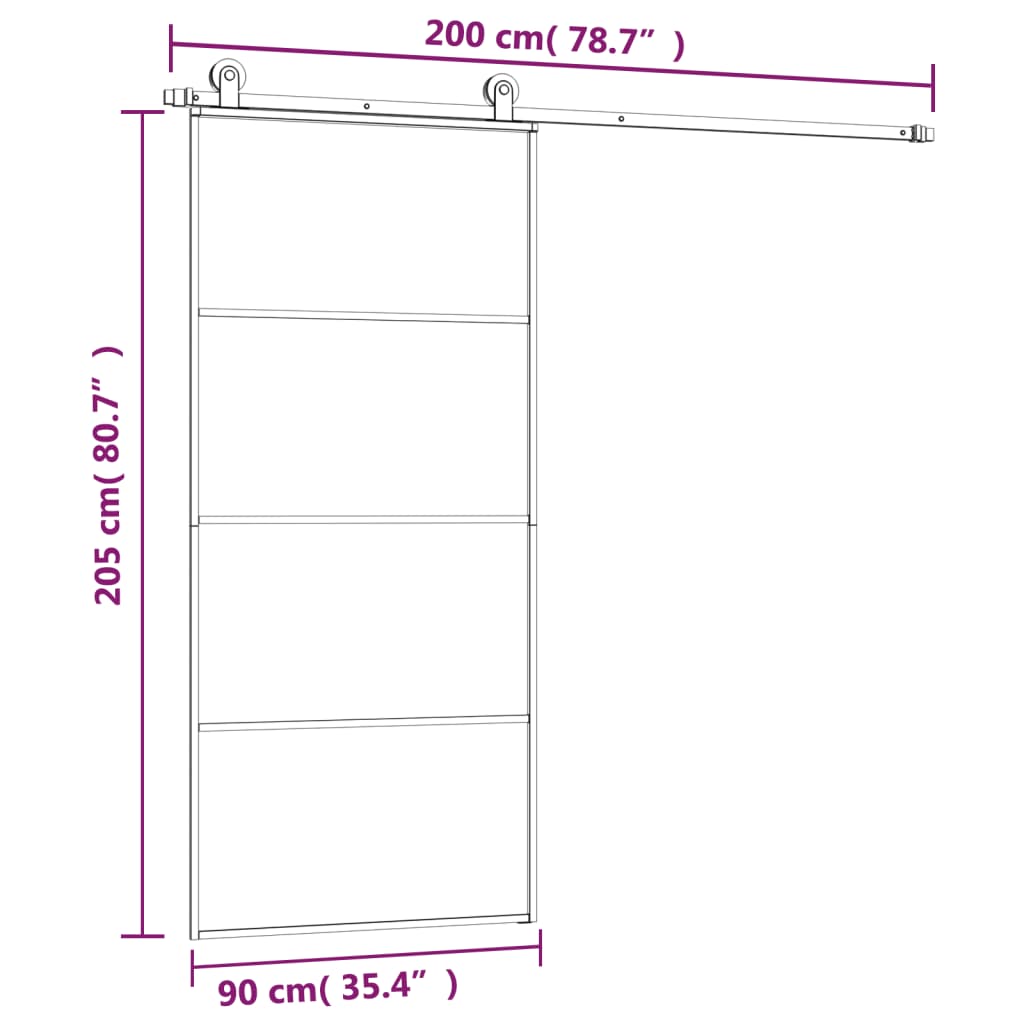 skydedør med hardwaresæt 90x205 cm sikkerhedsglas aluminium