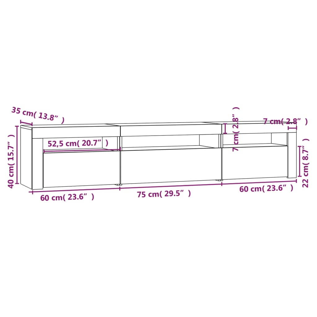 tv-bord med LED-lys 195x35x40 cm røget egetræsfarve