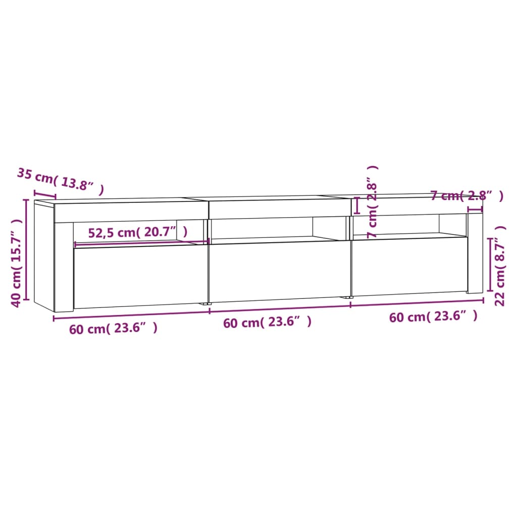tv-bord med LED-lys 180x35x40 cm røget egetræsfarve
