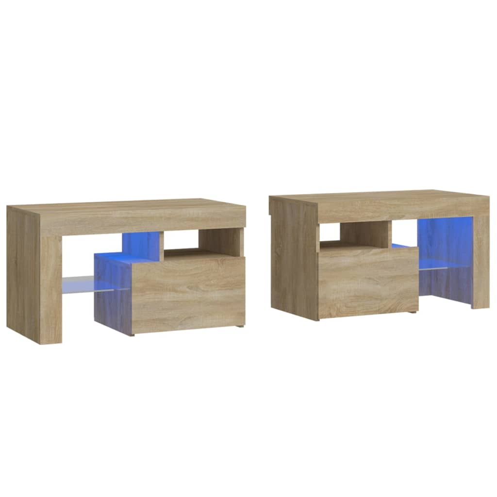 sengeborde 2 stk. med LED-lys 70x36,5x40 cm sonoma-eg