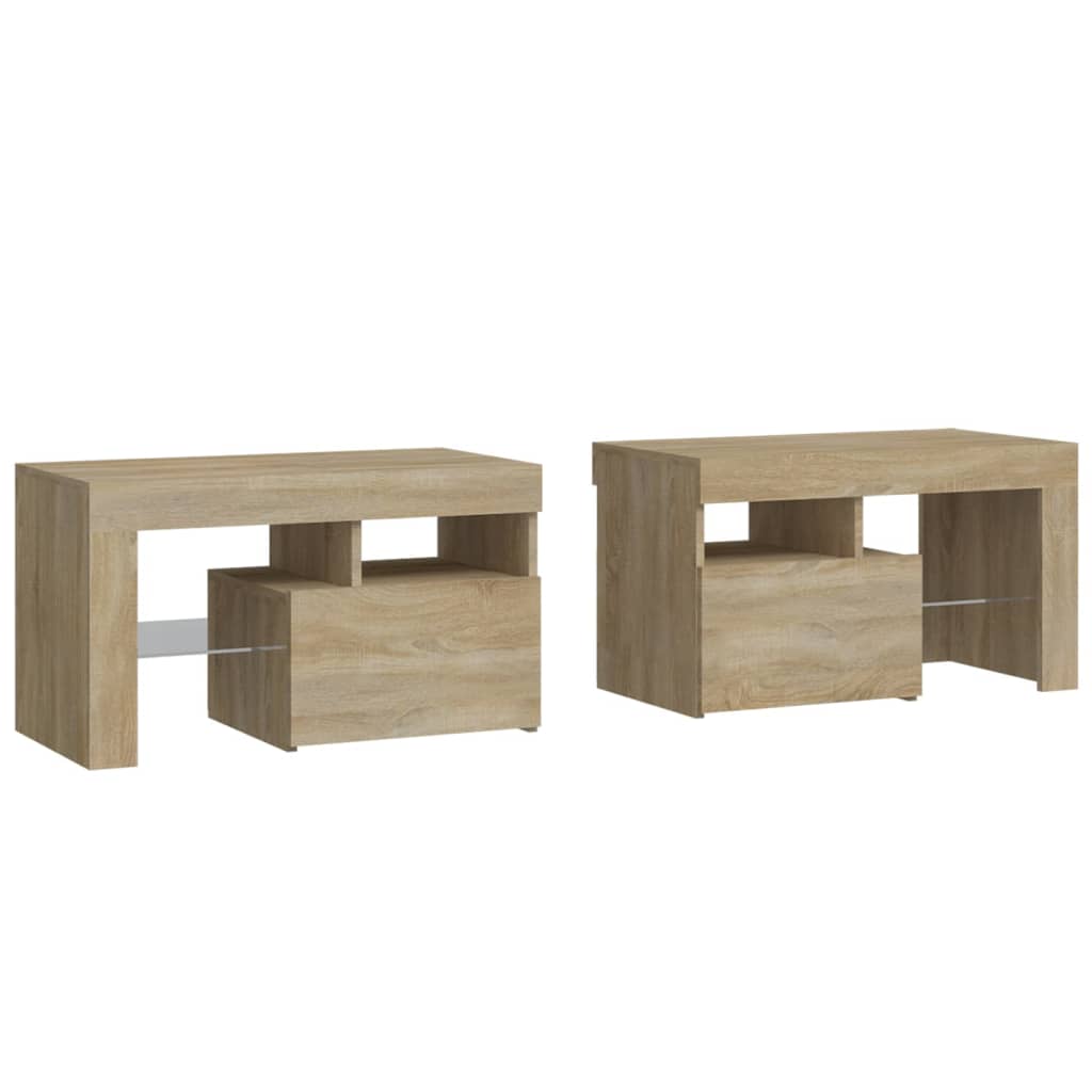 sengeborde 2 stk. med LED-lys 70x36,5x40 cm sonoma-eg