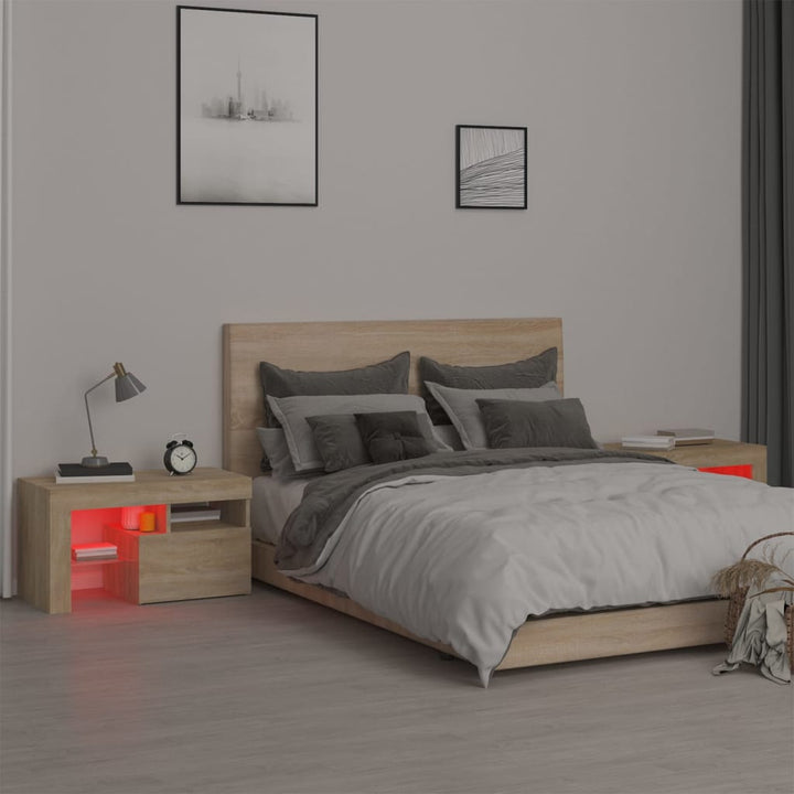 sengeborde 2 stk. med LED-lys 70x36,5x40 cm sonoma-eg