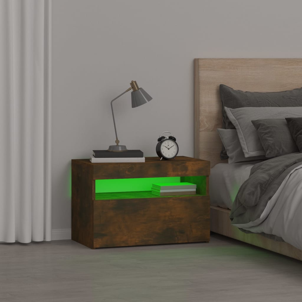 sengebord med LED-lys 60x35x40 cm røget egetræsfarve