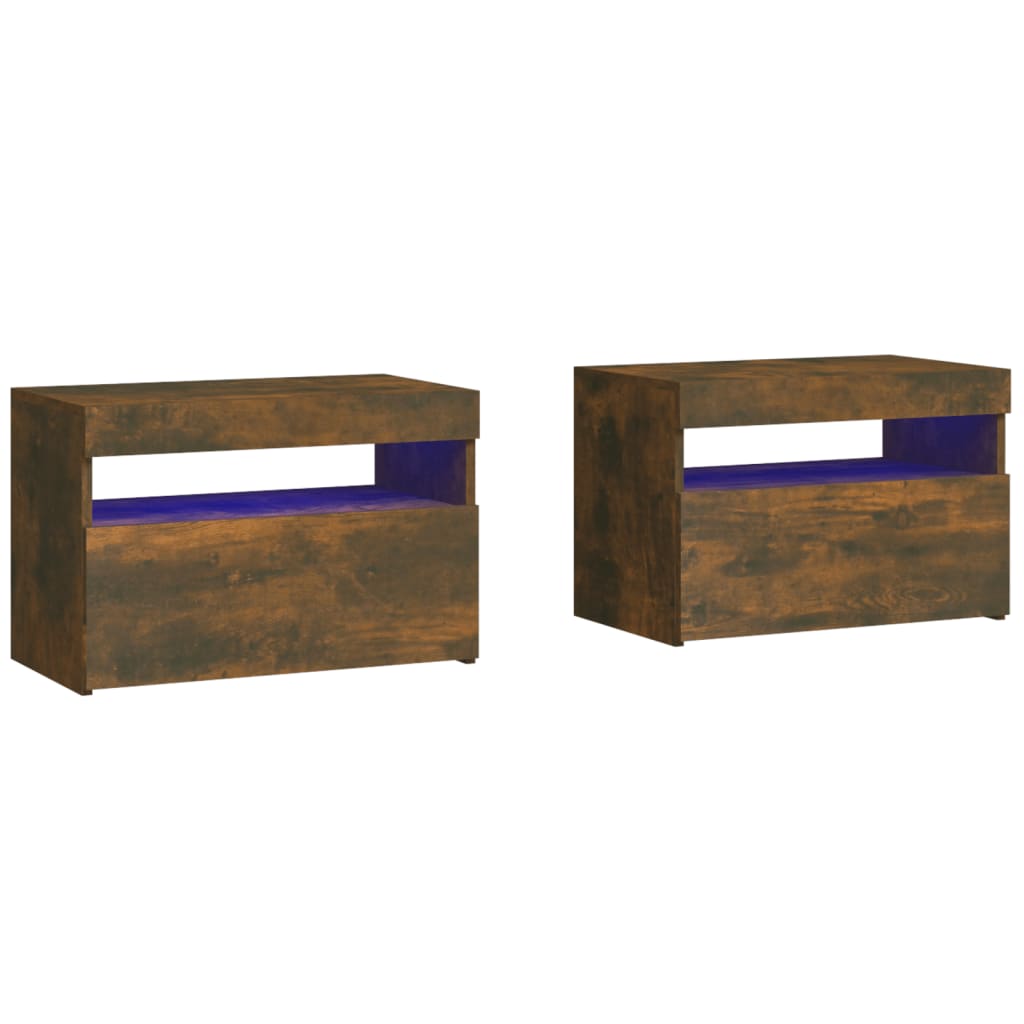 sengeborde 2 stk. med LED-lys 60x35x40 cm røget egetræsfarve