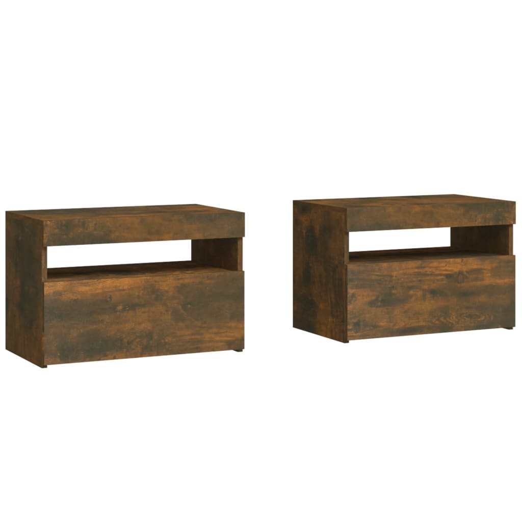 sengeborde 2 stk. med LED-lys 60x35x40 cm røget egetræsfarve