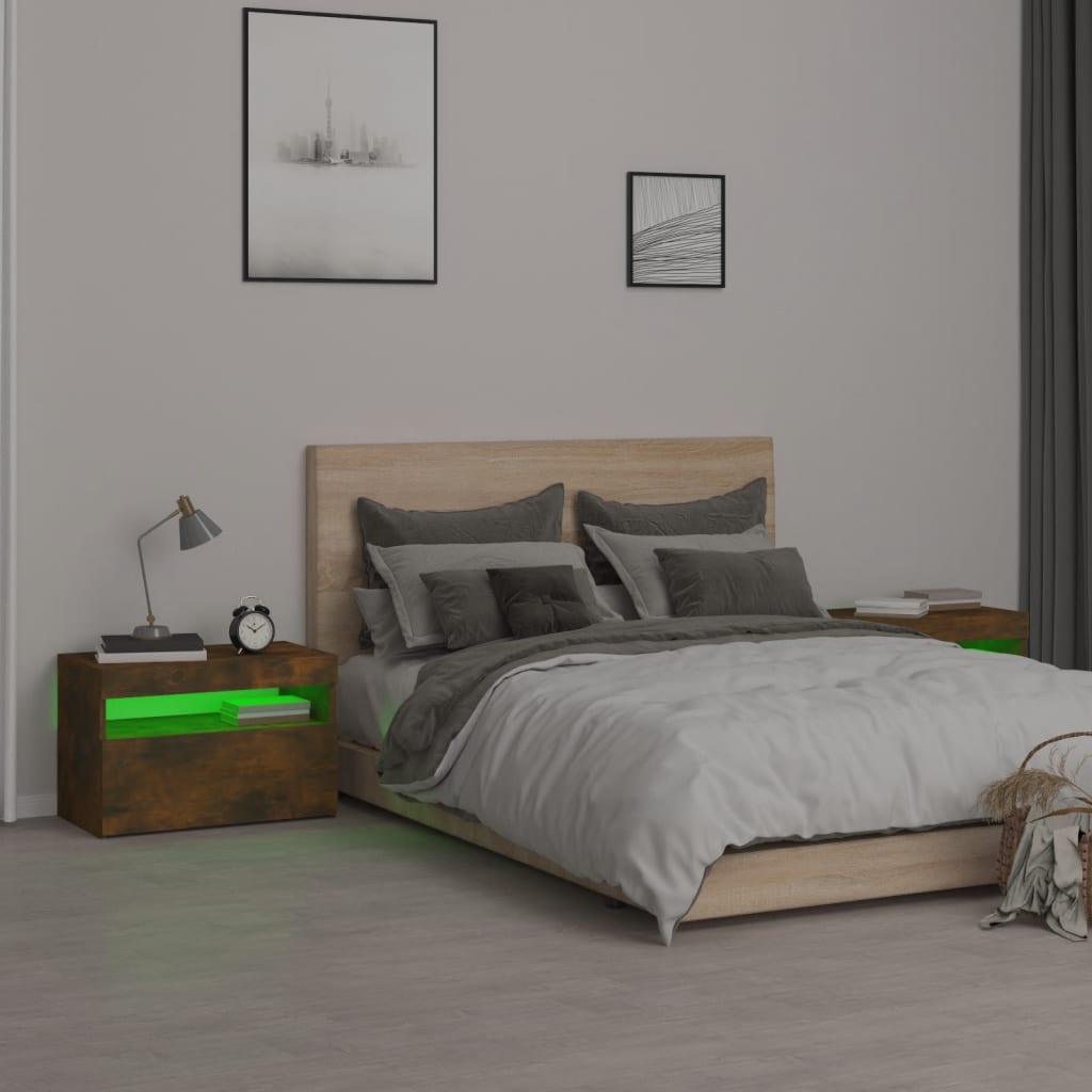 sengeborde 2 stk. med LED-lys 60x35x40 cm røget egetræsfarve
