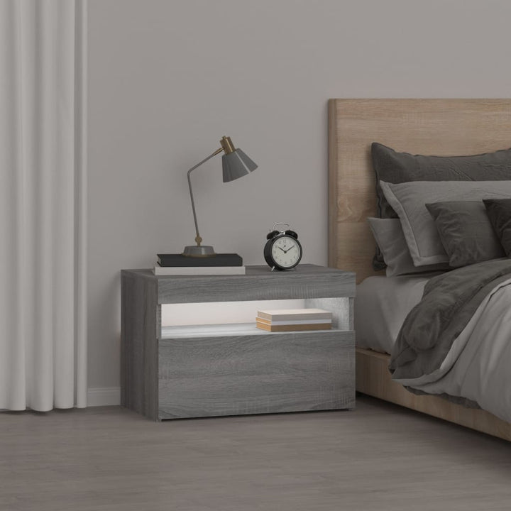 sengebord med LED-lys 60x35x40 cm grå sonoma-eg